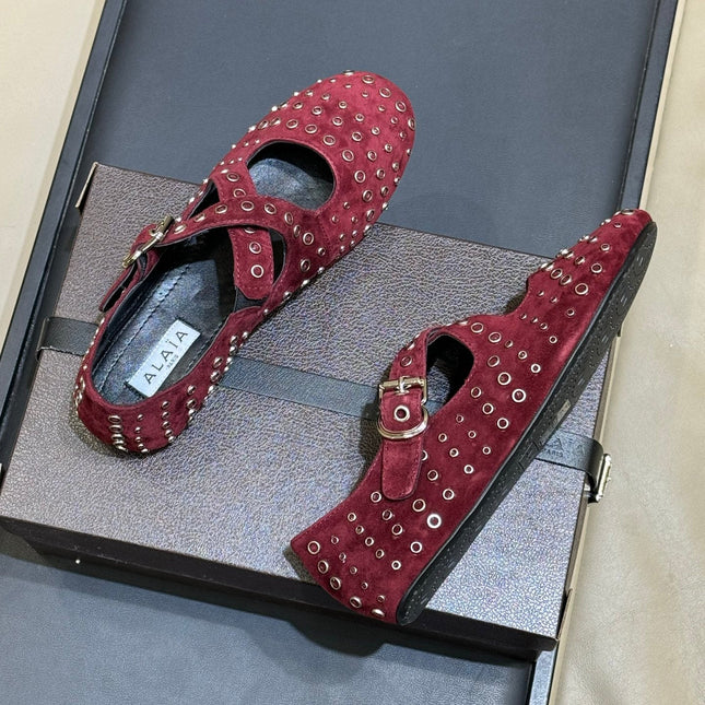 ALAIA 26S CROSS-STRAP FLATS IN DARK RED SUEDE WITH SILVER HARDWARE