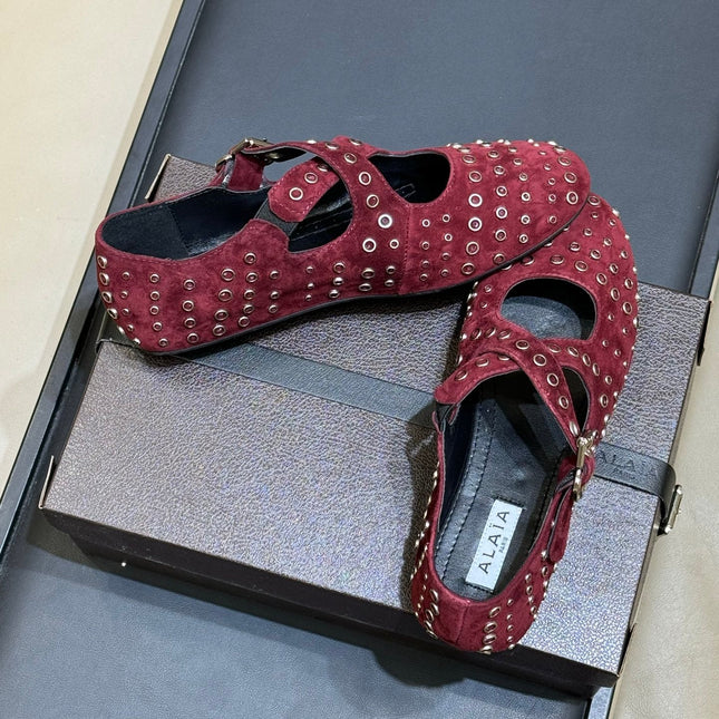 ALAIA 26S CROSS-STRAP FLATS IN DARK RED SUEDE WITH SILVER HARDWARE