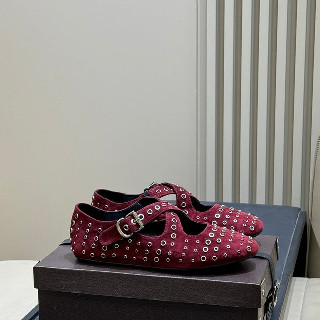 ALAIA 26S CROSS-STRAP FLATS IN DARK RED SUEDE WITH SILVER HARDWARE