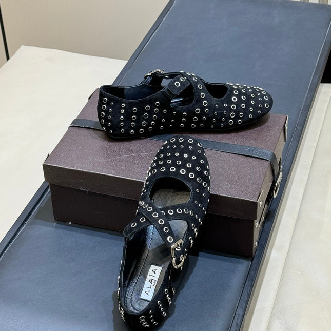 ALAIA 26S CROSS-STRAP FLATS IN BLACK SUEDE WITH SILVER HARDWARE