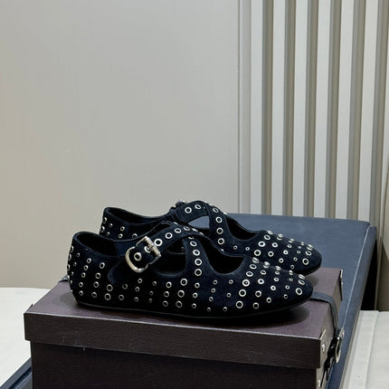 ALAIA 26S CROSS-STRAP FLATS IN BLACK SUEDE WITH SILVER HARDWARE