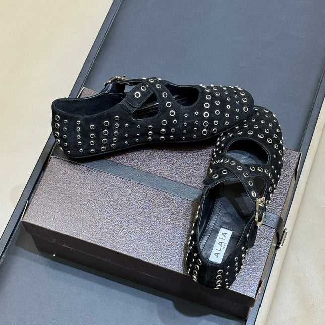 ALAIA 26S CROSS-STRAP FLATS IN BLACK SUEDE WITH SILVER HARDWARE