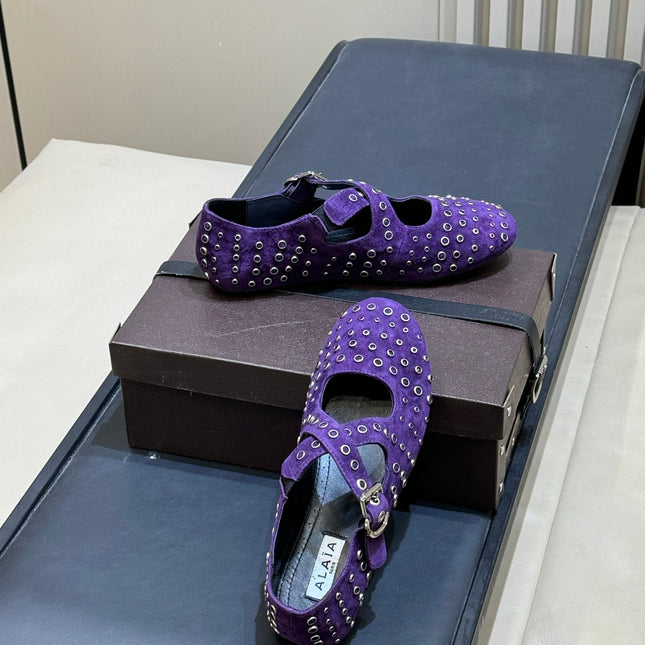 ALAIA 26S CROSS-STRAP FLATS IN PURPLE SUEDE WITH SILVER HARDWARE
