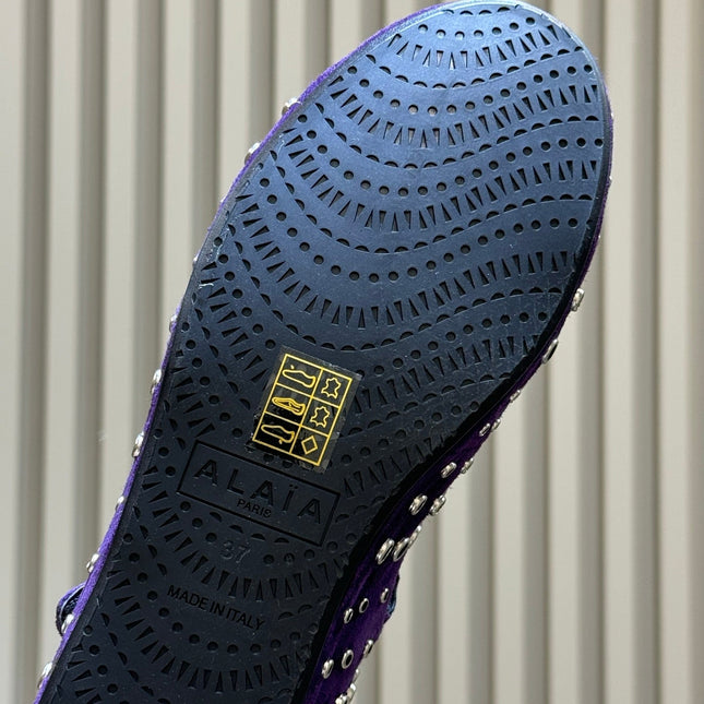 ALAIA 26S CROSS-STRAP FLATS IN PURPLE SUEDE WITH SILVER HARDWARE