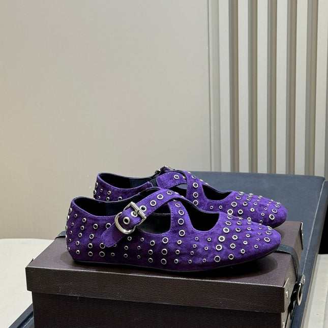 ALAIA 26S CROSS-STRAP FLATS IN PURPLE SUEDE WITH SILVER HARDWARE