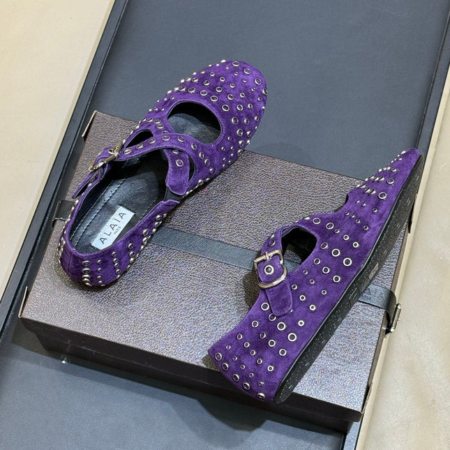 ALAIA 26S CROSS-STRAP FLATS IN PURPLE SUEDE WITH SILVER HARDWARE