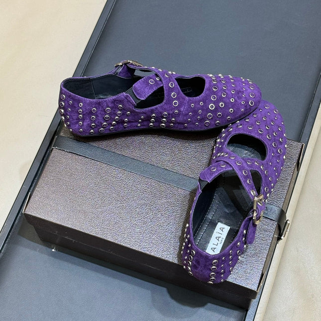 ALAIA 26S CROSS-STRAP FLATS IN PURPLE SUEDE WITH SILVER HARDWARE