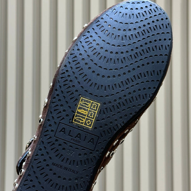 ALAIA 26S CROSS-STRAP FLATS IN DARK BROWN SUEDE WITH SILVER HARDWARE