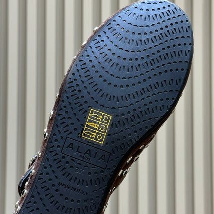 ALAIA 26S CROSS-STRAP FLATS IN DARK BROWN SUEDE WITH SILVER HARDWARE