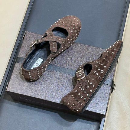 ALAIA 26S CROSS-STRAP FLATS IN DARK BROWN SUEDE WITH SILVER HARDWARE