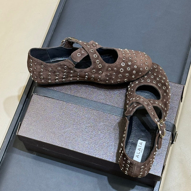 ALAIA 26S CROSS-STRAP FLATS IN DARK BROWN SUEDE WITH SILVER HARDWARE