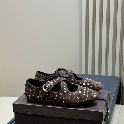 ALAIA 26S CROSS-STRAP FLATS IN DARK BROWN SUEDE WITH SILVER HARDWARE
