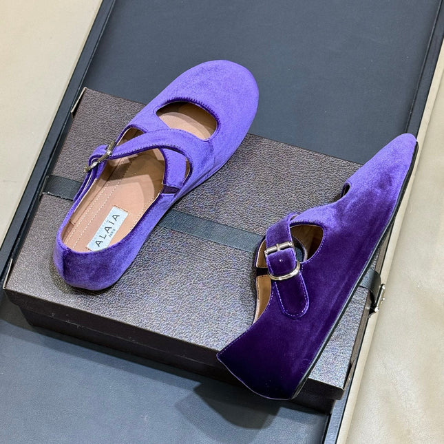 ALAIA 26S MARY JANE BALLET FLATS IN DARK PURPLE VELVET