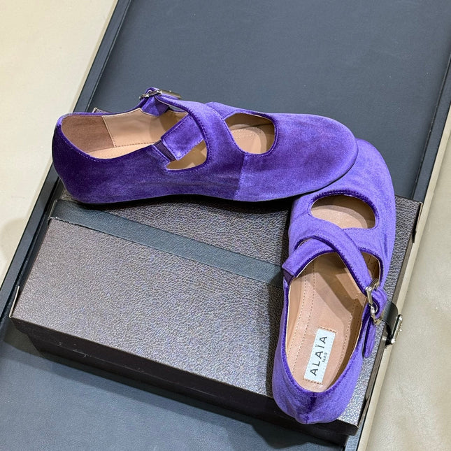 ALAIA 26S MARY JANE BALLET FLATS IN DARK PURPLE VELVET