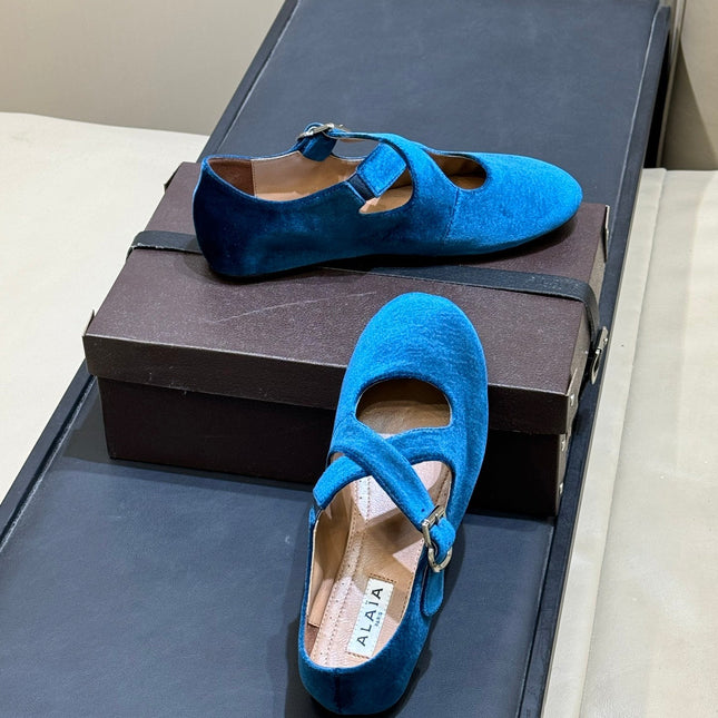 ALAIA 26S MARY JANE BALLET FLATS IN DARK BLUE VELVET