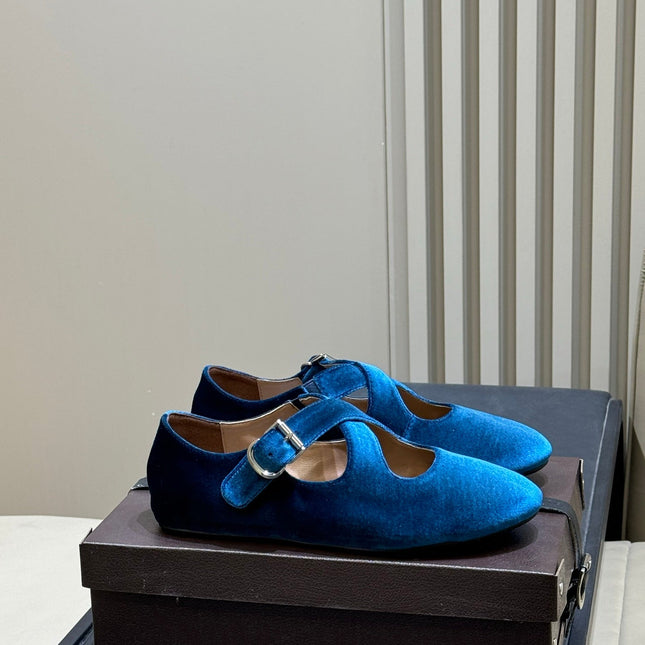 ALAIA 26S MARY JANE BALLET FLATS IN DARK BLUE VELVET