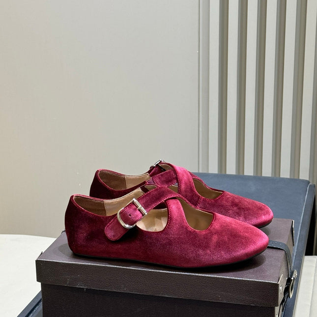 ALAIA 26S MARY JANE BALLET FLATS IN DARK RED VELVET