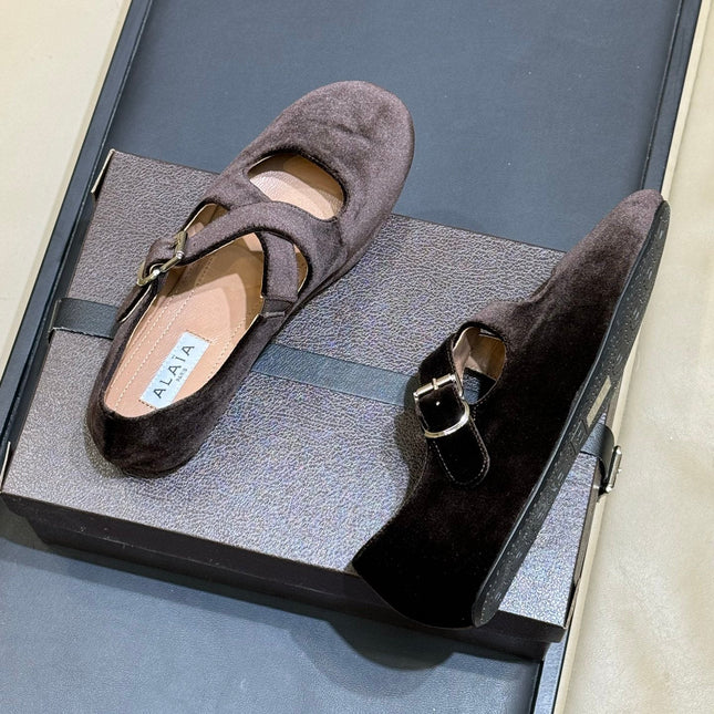 ALAIA 26S MARY JANE BALLET FLATS IN DARK BROWN VELVET