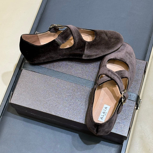 ALAIA 26S MARY JANE BALLET FLATS IN DARK BROWN VELVET