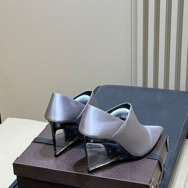 ALAIA 26S TRANSPARENT HIGH HEELS IN LAVENDER GRAY SATIN