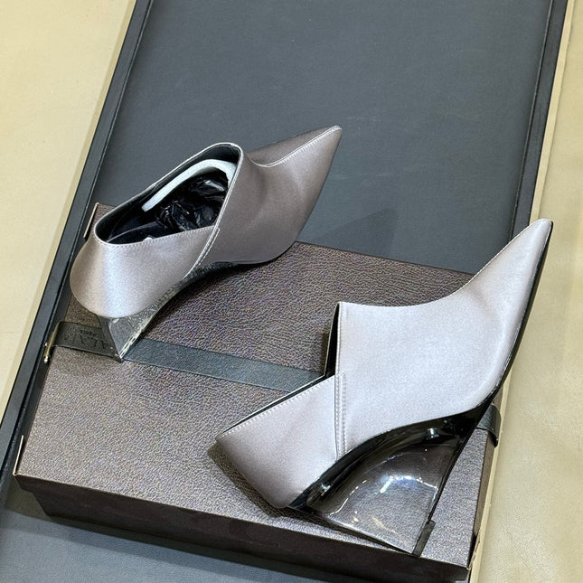 ALAIA 26S TRANSPARENT HIGH HEELS IN LAVENDER GRAY SATIN