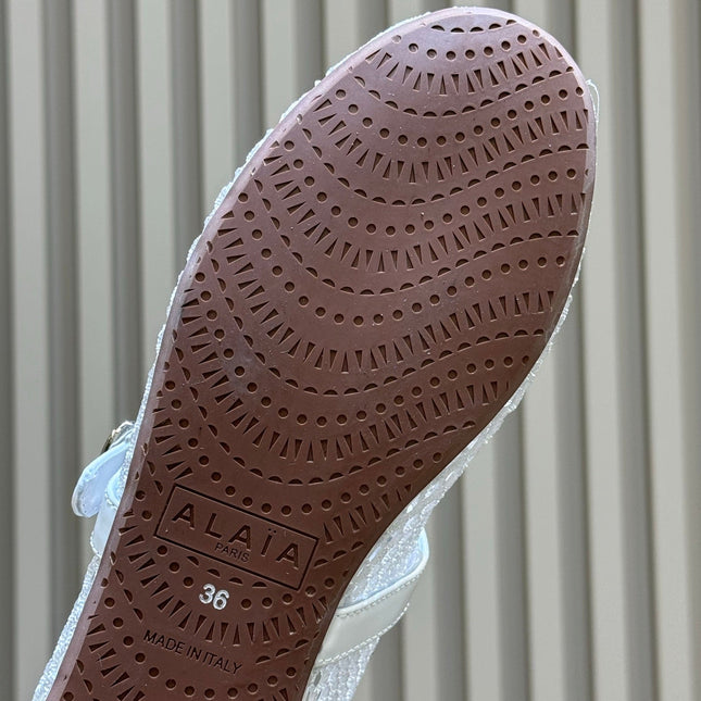 ALAIA 26S MARY JANE BALLET FLATS IN WHITE MESH AND GLOSSY CALFSKIN