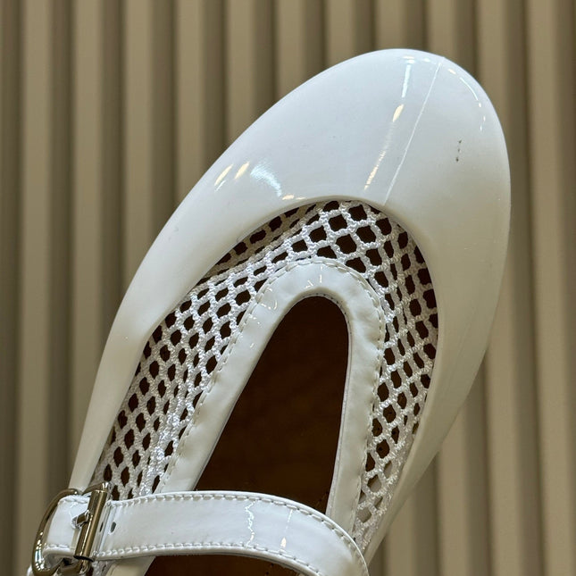 ALAIA 26S MARY JANE BALLET FLATS IN WHITE MESH AND GLOSSY CALFSKIN