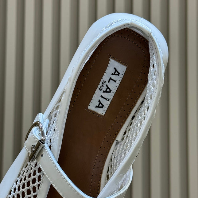 ALAIA 26S MARY JANE BALLET FLATS IN WHITE MESH AND GLOSSY CALFSKIN