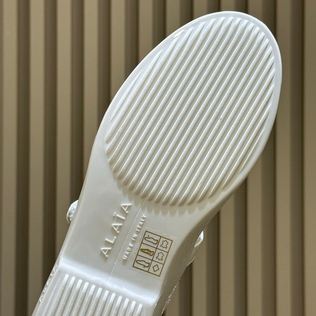 ALAIA 26S MARY JANE BALLET FLATS IN WHITE MESH AND GLOSSY CALFSKIN