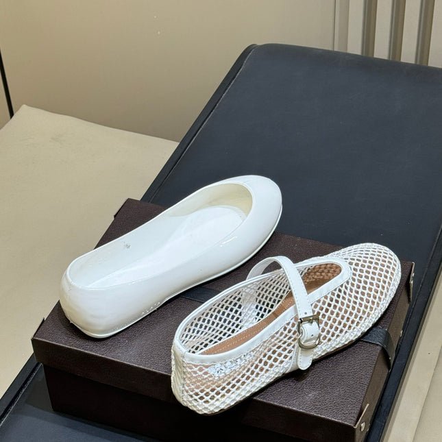 ALAIA 26S MARY JANE BALLET FLATS IN WHITE MESH AND GLOSSY CALFSKIN
