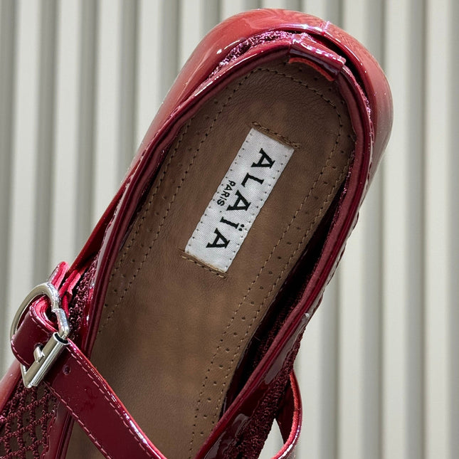 ALAIA 26S MARY JANE BALLET FLATS IN RED MESH AND GLOSSY CALFSKIN