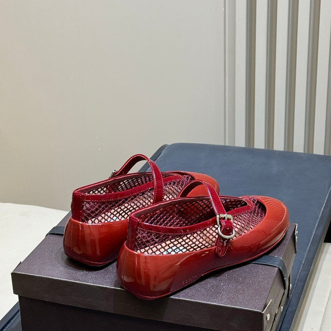 ALAIA 26S MARY JANE BALLET FLATS IN RED MESH AND GLOSSY CALFSKIN