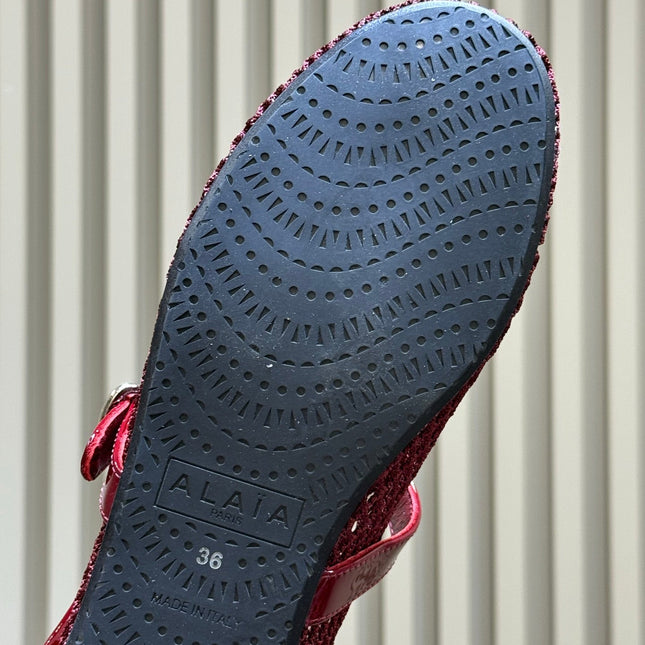ALAIA 26S MARY JANE BALLET FLATS IN RED MESH AND GLOSSY CALFSKIN