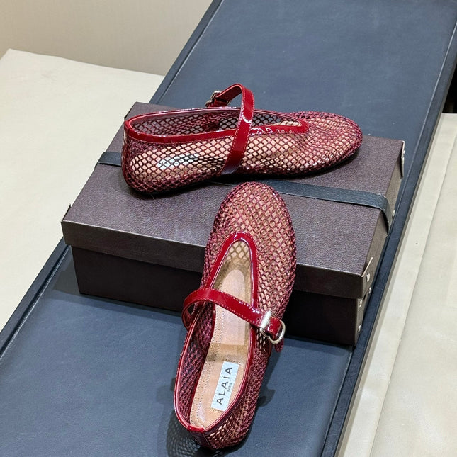 ALAIA 26S MARY JANE BALLET FLATS IN RED MESH AND GLOSSY CALFSKIN