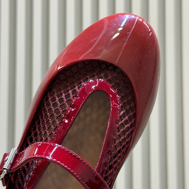 ALAIA 26S MARY JANE BALLET FLATS IN RED MESH AND GLOSSY CALFSKIN