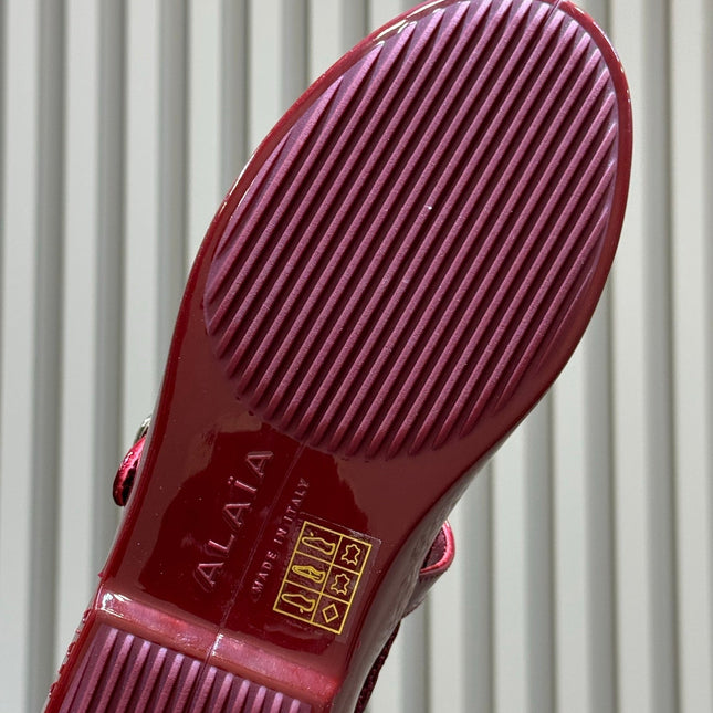 ALAIA 26S MARY JANE BALLET FLATS IN RED MESH AND GLOSSY CALFSKIN