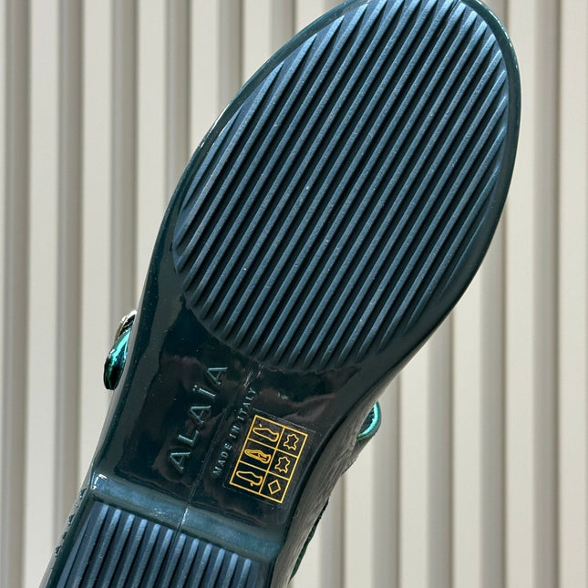 ALAIA 26S MARY JANE BALLET FLATS IN DARK GREEN MESH AND GLOSSY CALFSKIN