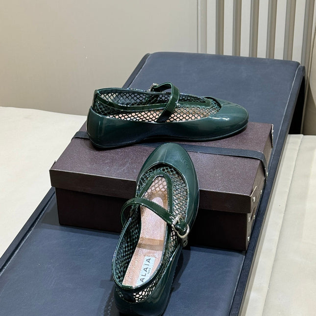 ALAIA 26S MARY JANE BALLET FLATS IN DARK GREEN MESH AND GLOSSY CALFSKIN
