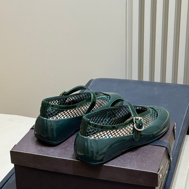 ALAIA 26S MARY JANE BALLET FLATS IN DARK GREEN MESH AND GLOSSY CALFSKIN