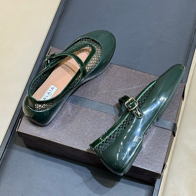 ALAIA 26S MARY JANE BALLET FLATS IN DARK GREEN MESH AND GLOSSY CALFSKIN