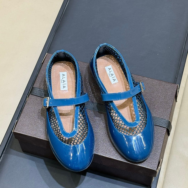 ALAIA 26S MARY JANE BALLET FLATS IN DARK BLUE MESH AND GLOSSY CALFSKIN
