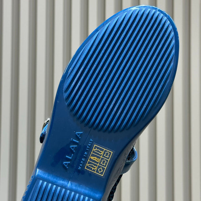 ALAIA 26S MARY JANE BALLET FLATS IN DARK BLUE MESH AND GLOSSY CALFSKIN