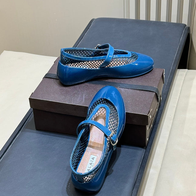 ALAIA 26S MARY JANE BALLET FLATS IN DARK BLUE MESH AND GLOSSY CALFSKIN
