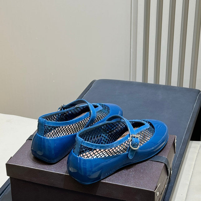 ALAIA 26S MARY JANE BALLET FLATS IN DARK BLUE MESH AND GLOSSY CALFSKIN