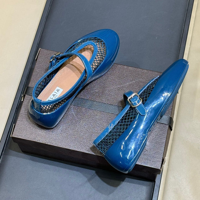 ALAIA 26S MARY JANE BALLET FLATS IN DARK BLUE MESH AND GLOSSY CALFSKIN