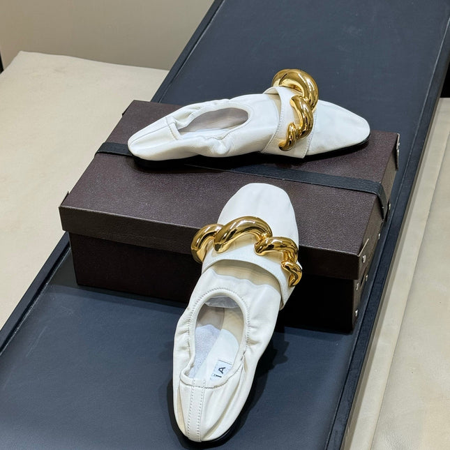 ALAIA 26S KNIT BALLET FLATS IN CREAM WHITE LAMBSKIN WITH GOLD HARDWARE