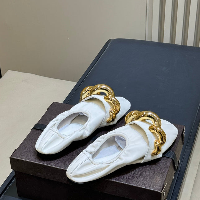 ALAIA 26S KNIT BALLET FLATS IN CREAM WHITE LAMBSKIN WITH GOLD HARDWARE