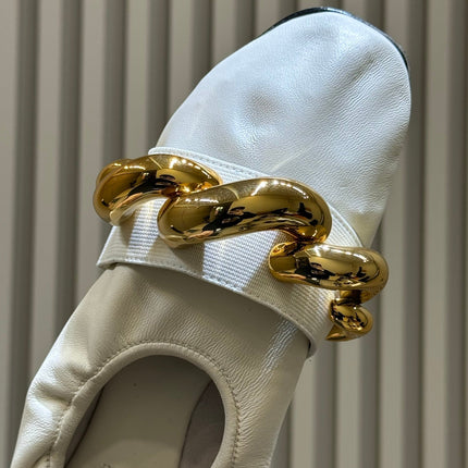 ALAIA 26S KNIT BALLET FLATS IN CREAM WHITE LAMBSKIN WITH GOLD HARDWARE