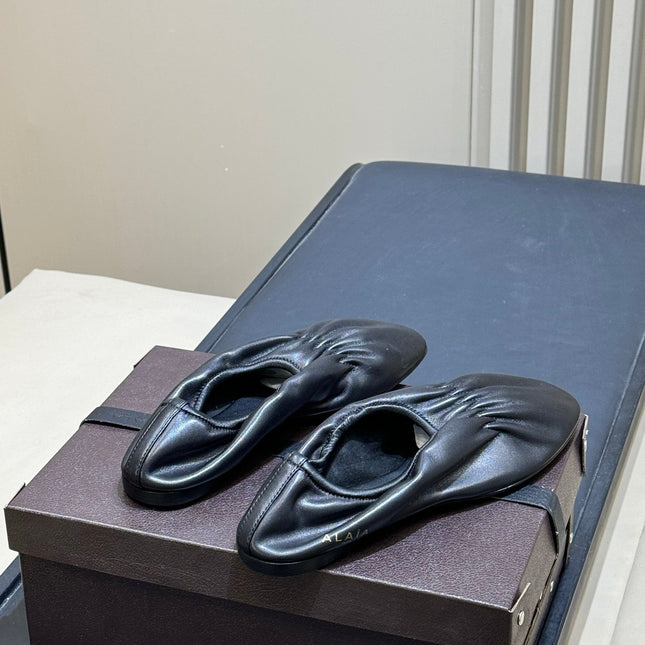 ALAIA 26S KNIT BALLET FLATS IN BLACK LAMBSKIN