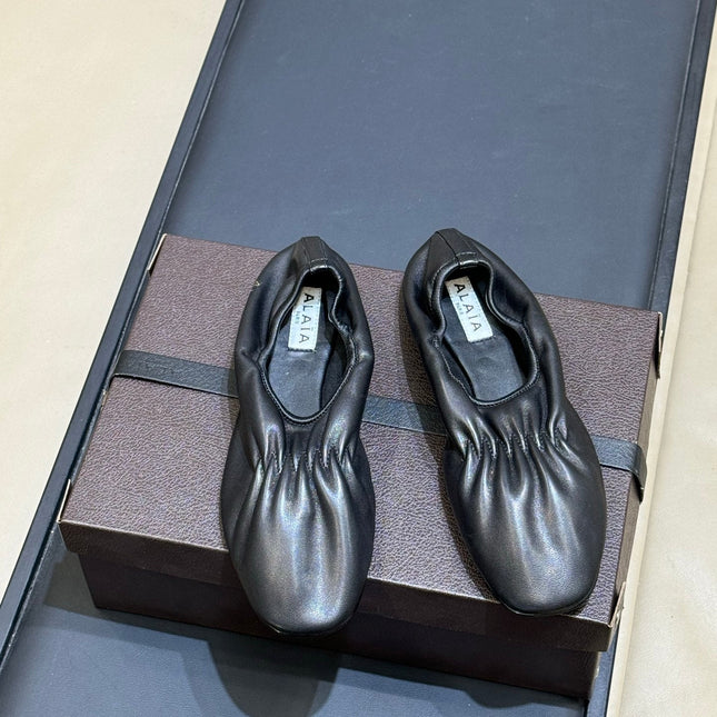 ALAIA 26S KNIT BALLET FLATS IN BLACK LAMBSKIN